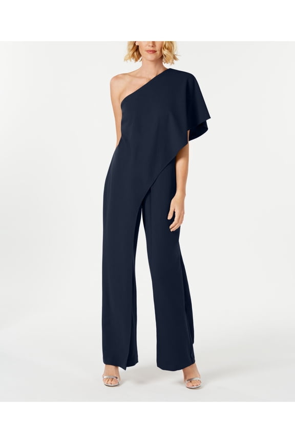 Womens Navy Ruffled Draped One Shoulder Kimono Sleeve Asymmetrical Neckline Party Wide Leg Jumpsuit 4