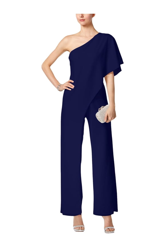 Womens Navy Ruffled One Shoulder Kimono Sleeve Asymmetrical Neckline Party Wide Leg Jumpsuit 16