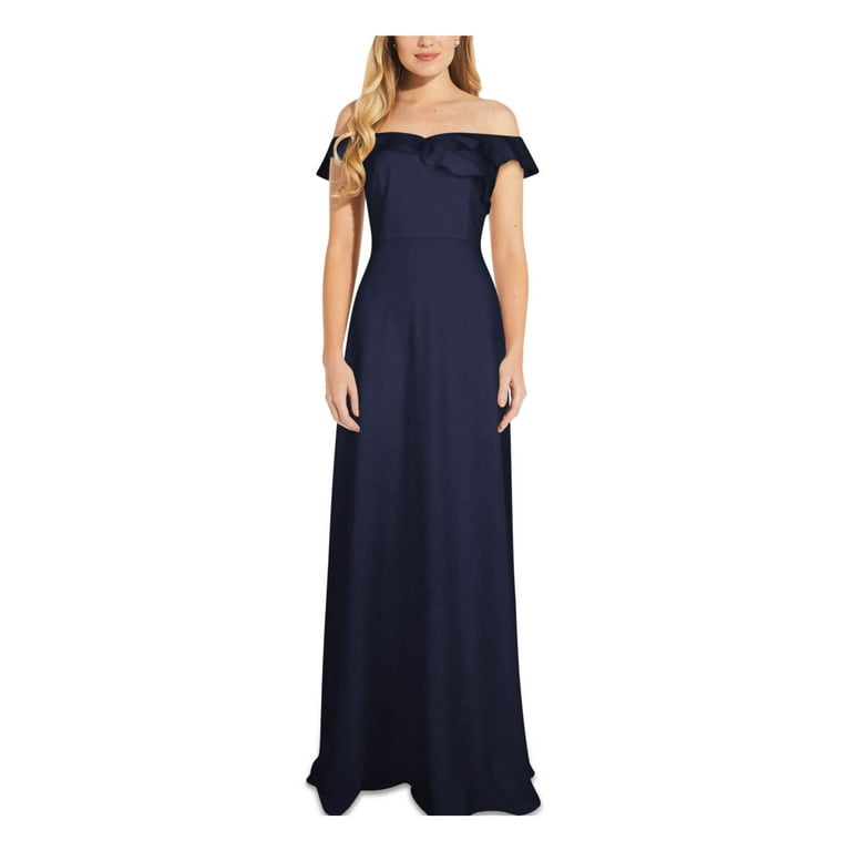 ADRIANNA PAPELL Womens Navy Ruffled Zippered Gown Lined Sleeveless Off Shoulder Full Length Formal Sheath Dress 16