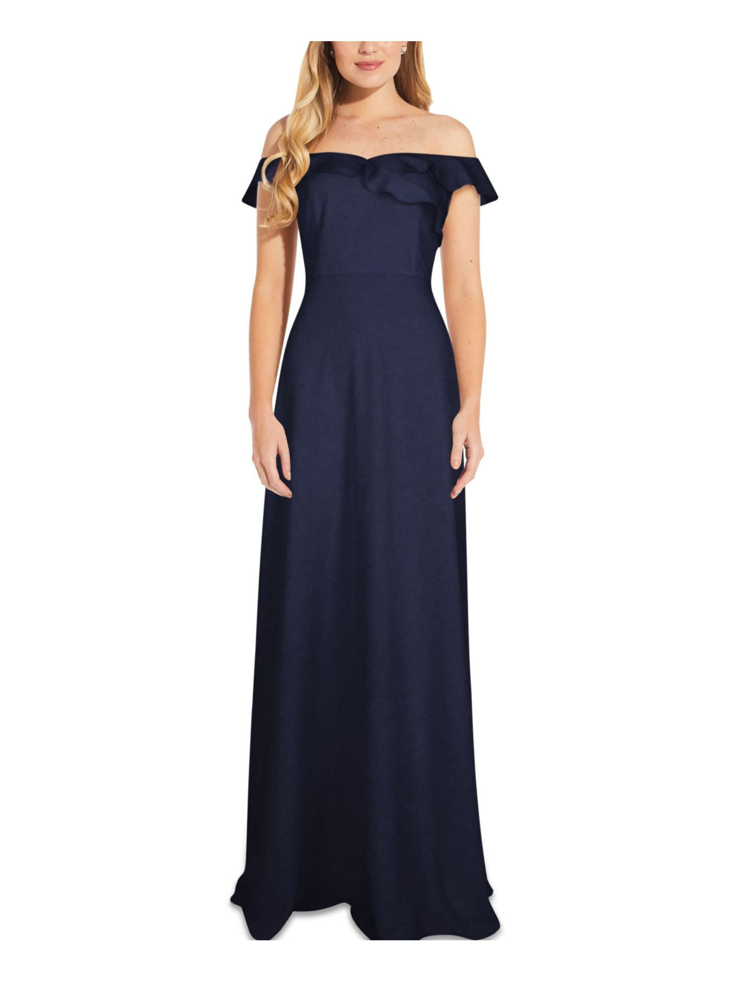 ADRIANNA PAPELL Womens Navy Ruffled Zippered Gown Lined Sleeveless