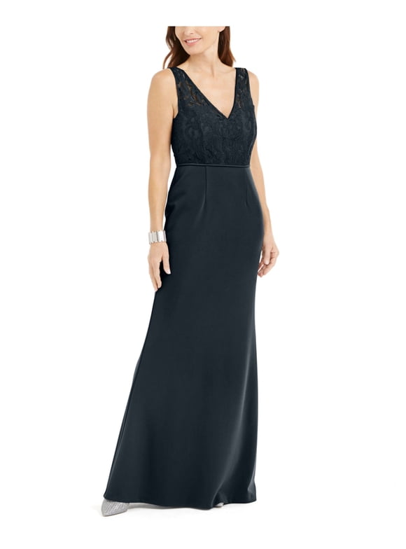 Adrianna Papell Women's Ruched Embellished Slitted Sleeveless Jewel Neck Full Length Fit Flare Evening Dress Blue Size 16