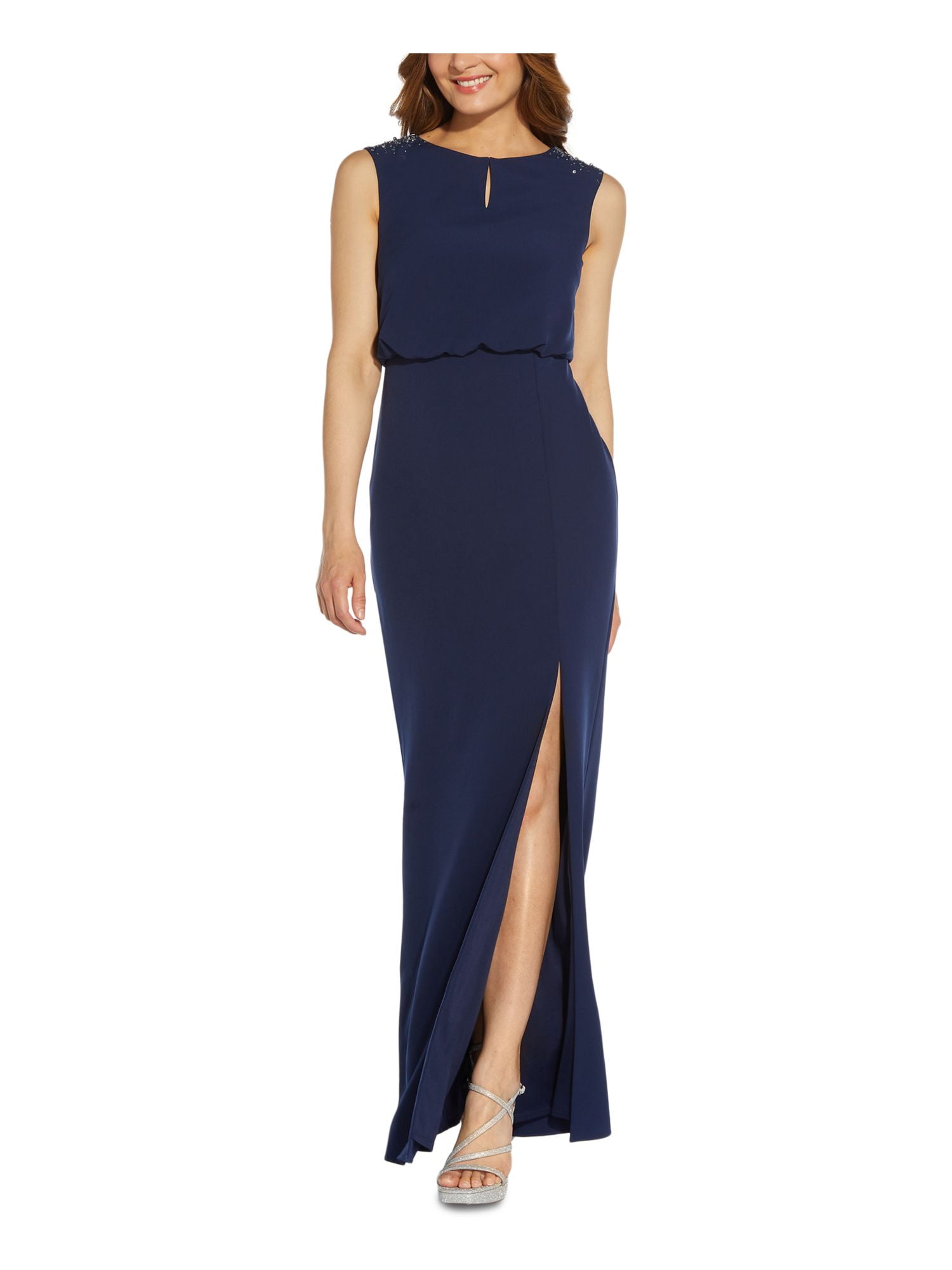 ADRIANNA PAPELL Womens Navy Stretch Embellished Slitted Keyhole Zippered Lined Sleeveless Boat Neck Maxi Formal Blouson Dress 2 Walmart