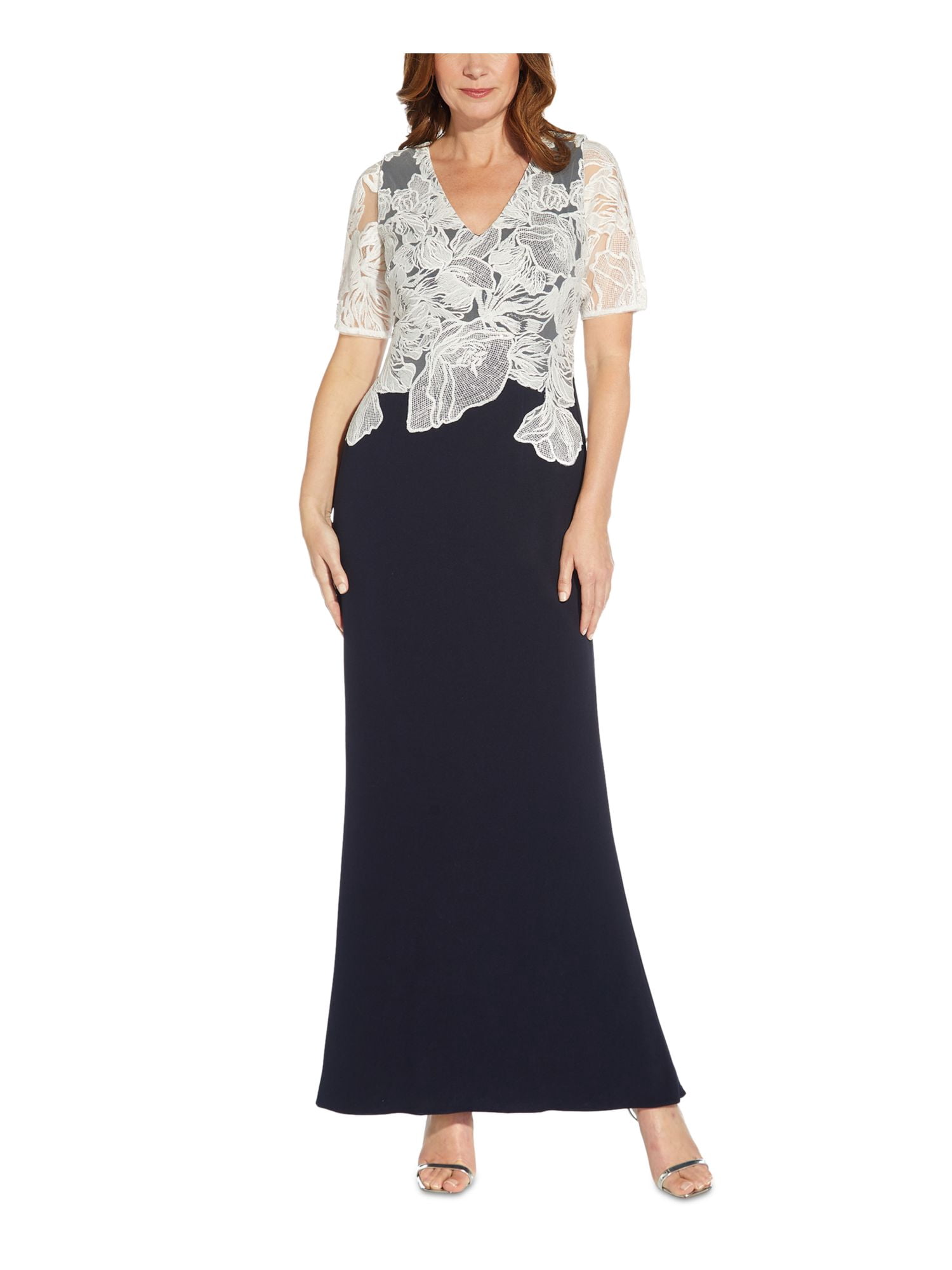 ADRIANNA PAPELL Womens Navy Stretch Embroidered Zippered Short Sleeve V Neck  Full-Length Wear To Work Gown Dress 12