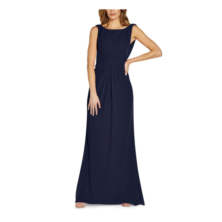 ADRIANNA PAPELL Womens Navy Stretch Pleated Zippered Drape Back Sleeveless Boat Neck Full Length Evening Gown Dress 2