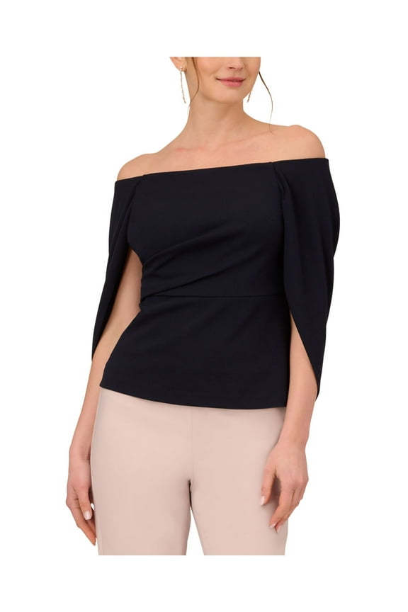 Womens Navy Zippered Cape Sleeve Off Shoulder Evening Top 6