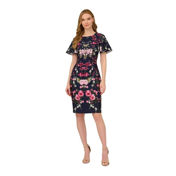 ADRIANNA PAPELL Womens Navy Zippered Lined Back Slit Hem Floral Flutter Sleeve Round Neck Above The Knee Wear To Work Sheath Dress 6