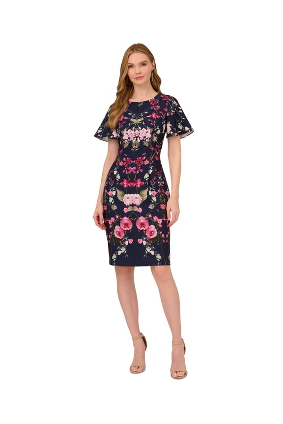 Womens Navy Zippered Lined Back Slit Hem Floral Flutter Sleeve Round Neck Above The Knee Wear To Work Sheath Dress 6