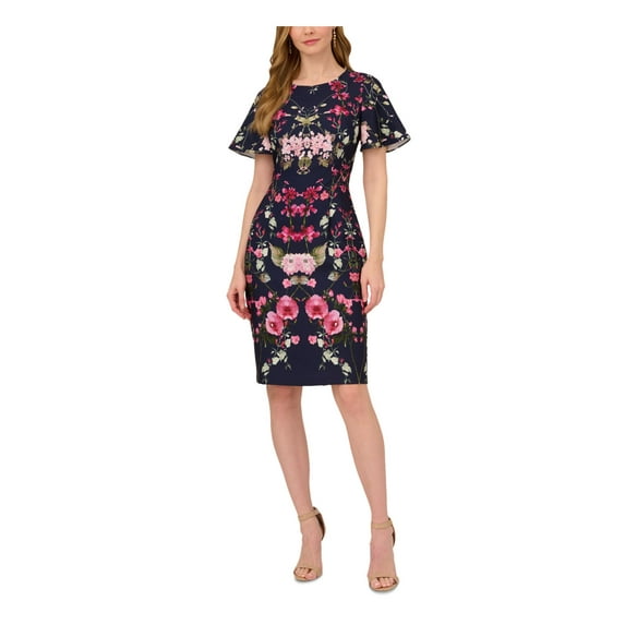 ADRIANNA PAPELL Womens Navy Zippered Lined Back Slit Hem Floral Flutter Sleeve Round Neck Above The Knee Wear To Work Sheath Dress 8