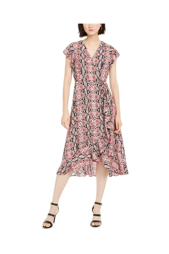 Womens Pink Belted Animal Print Short Sleeve V Neck Above The Knee Wrap Dress Dress Size 6