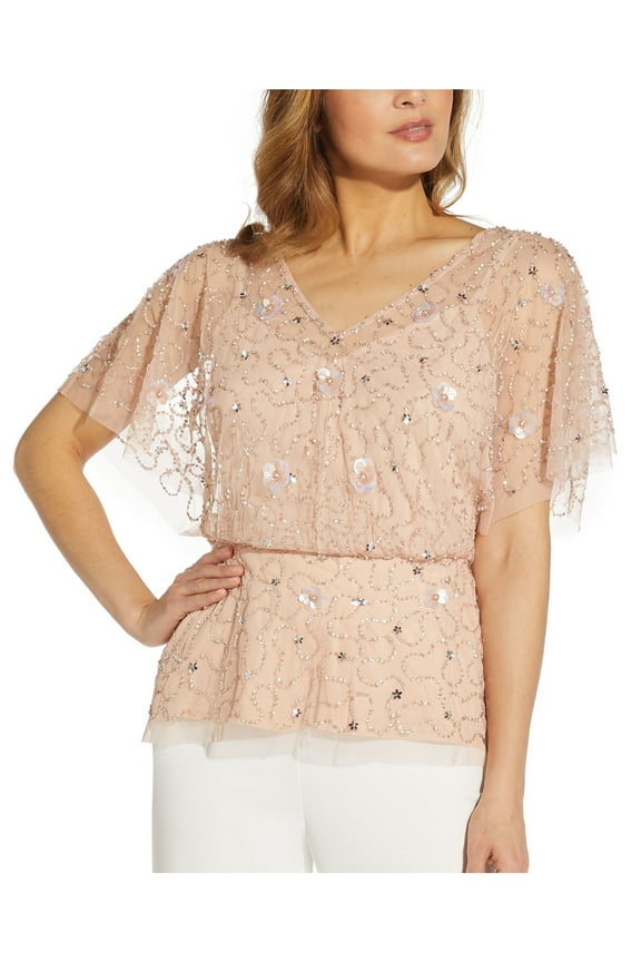 Womens Pink Embellished Zippered Lined Flutter Sleeve V Neck Party Blouse 6