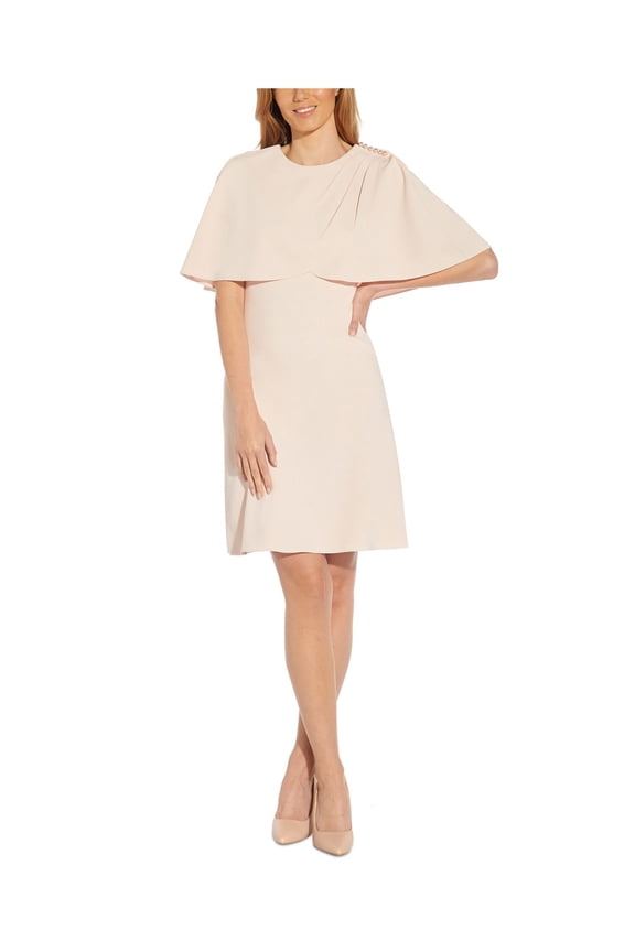 Womens Pink Embellished Zippered Popover Cape Lined Elbow Sleeve Round Neck Above The Knee Evening Dress 14