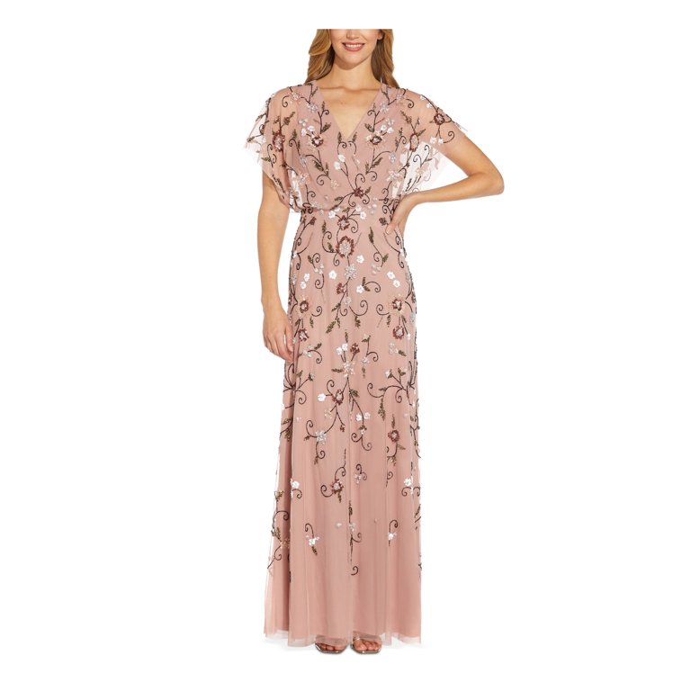 ADRIANNA PAPELL Womens Pink Embellished Zippered Sheer Lined Flutter Sleeve Surplice Neckline Full Length Formal Gown Dress 2