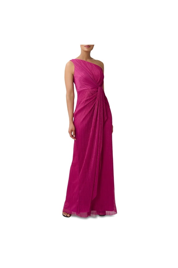 Womens Pink Zippered Ruched Twist With Cascade Side Front Pinstripe Sleeveless Asymmetrical Neckline Full-Length Evening Gown Dress 14