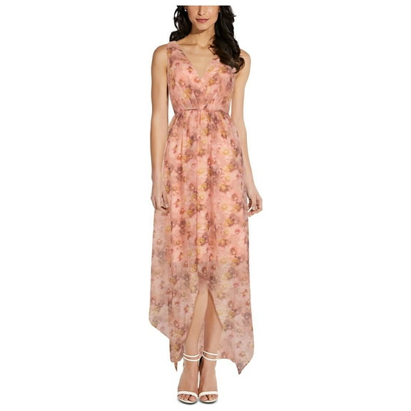 ADRIANNA PAPELL Womens Pink Zippered Tie High To Low Hem Floral Sleeveless V Neck Maxi Party Empire Waist Dress Plus 22W