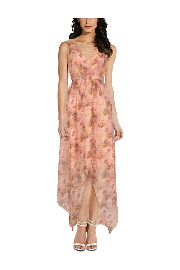 Womens Pink Zippered Tie High To Low Hem Floral Sleeveless V Neck Maxi Party Empire Waist Dress Plus 22W