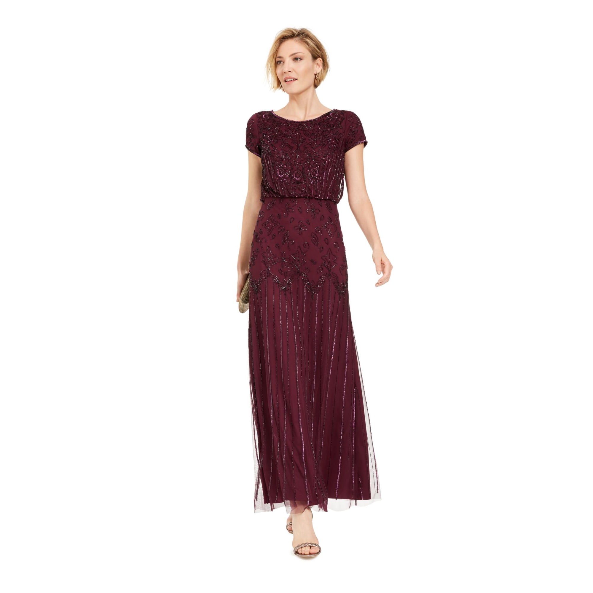 ADRIANNA PAPELL Womens Purple Beaded Embellished Short Sleeve Scoop Neck  Full-Length Evening Blouson Dress 2 - Walmart.com