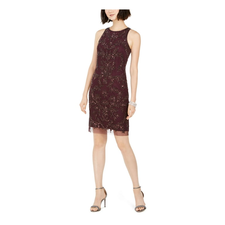 ADRIANNA PAPELL Womens Purple Beaded Sheer Zippered Sleeveless Jewel Neck Short Cocktail Sheath Dress Petites 6P