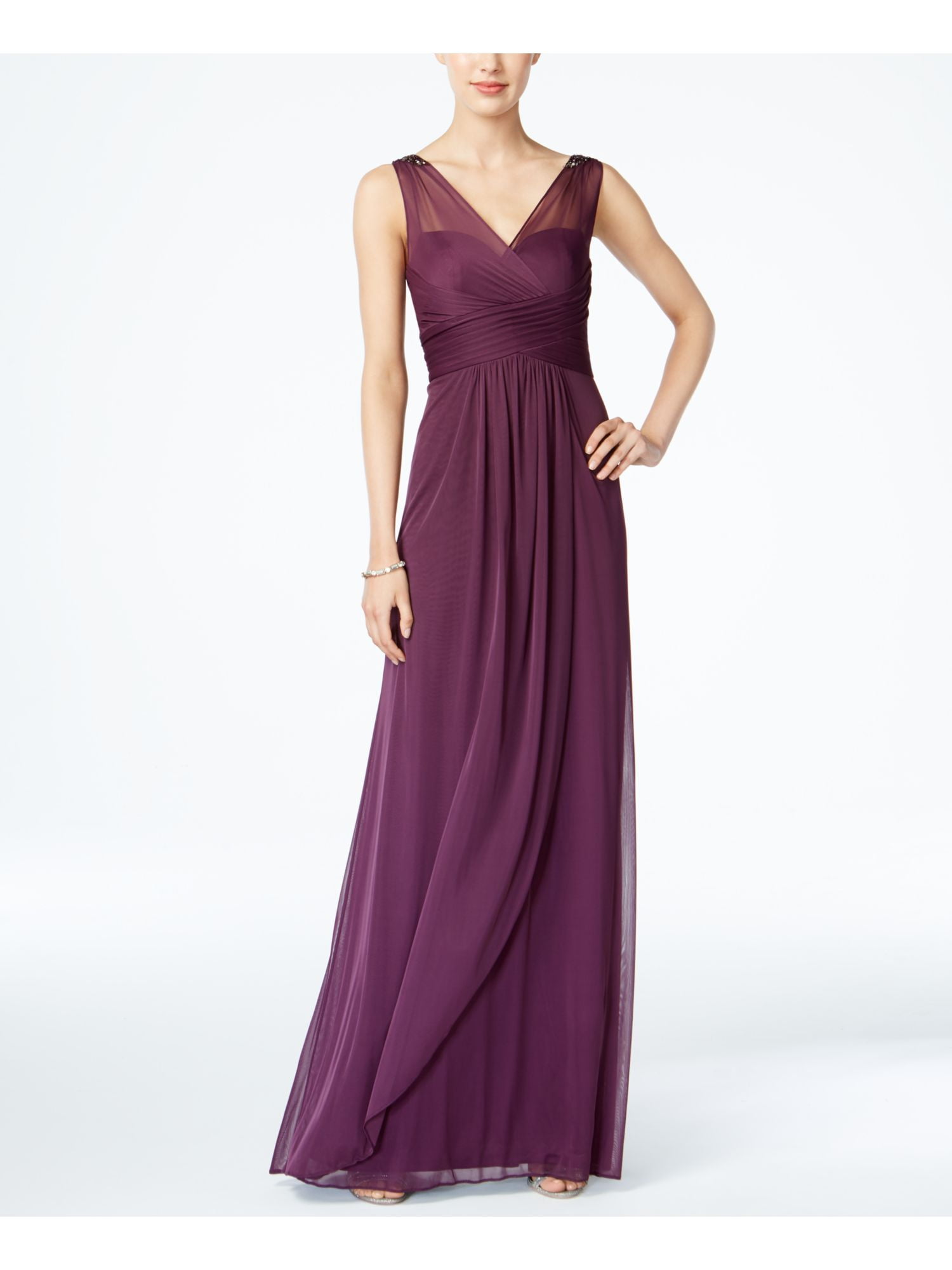 ADRIANNA PAPELL Womens Purple Lace Embellished Sleeveless V Neck  Full-Length Formal Sheath Dress 2