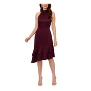 ADRIANNA PAPELL Womens Purple Ruched Zippered Double Ruffled Asymmetric Hem Sleeveless Halter Below The Knee Party Fit + Flare Dress 10