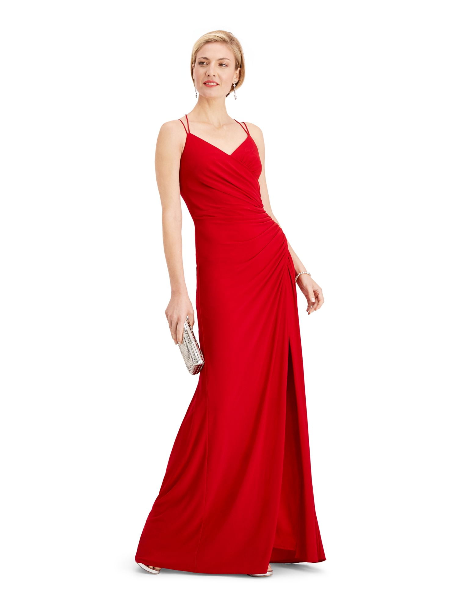 Clea Spaghetti Padded Ruched Knee Length Dress in True Red