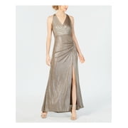 ADRIANNA PAPELL Womens Silver Ruched Slitted Sleeveless V Neck Maxi Evening Dress Size 16