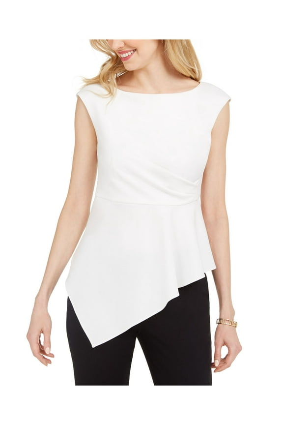 Womens White Ruched Zippered Sleeveless Peplum Top Petites 4P