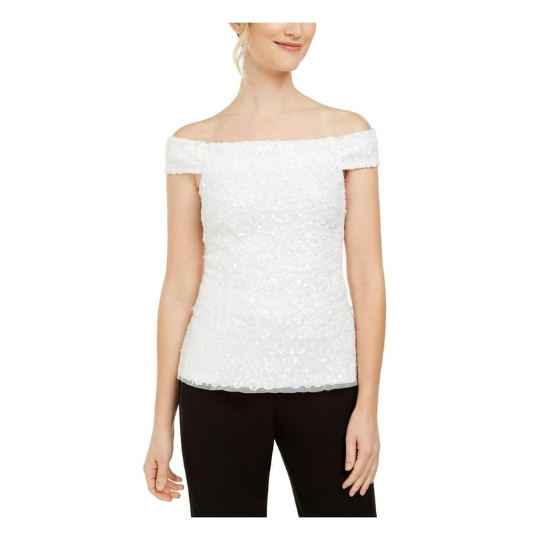 ADRIANNA PAPELL Womens White Sequined Sleeveless Off Shoulder Party Top 14