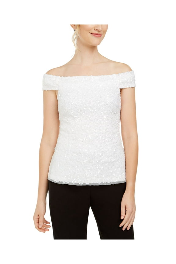 Womens White Sequined Sleeveless Off Shoulder Party Top 14