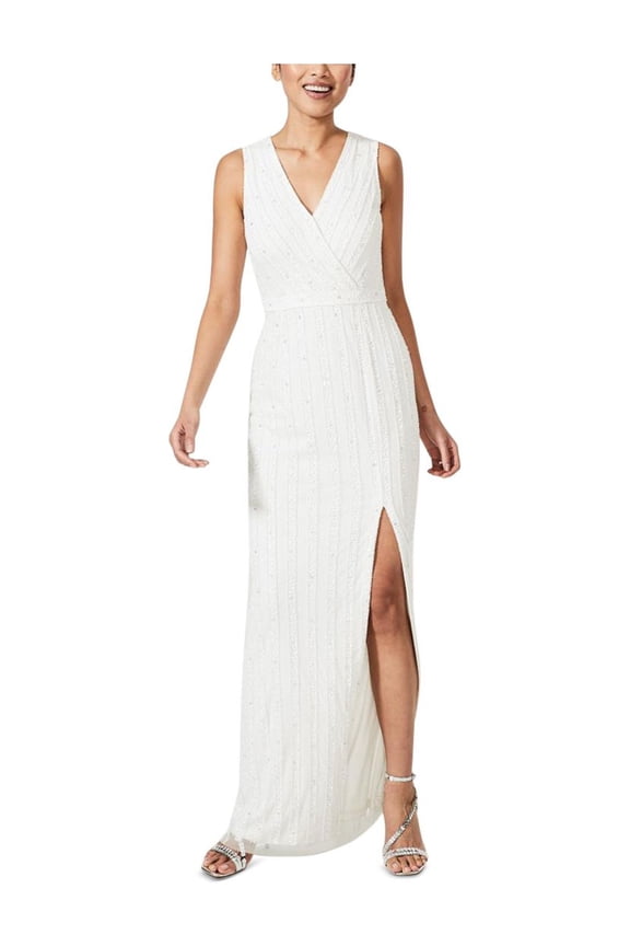 Womens White Slitted Zippered Lined Striped Sleeveless Surplice Neckline Full-Length Party Sheath Dress 2