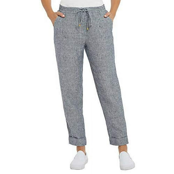 ADRIENNE VITTADINI Ladies' Pull-On Linen Pant (Small, Blue Combo)