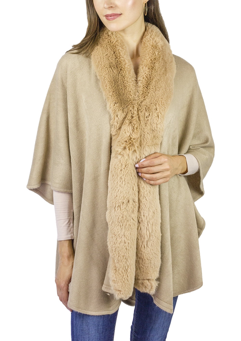 ADRIENNE VITTADINI WOMEN'S SOLID KNIT KIMONO WITH PLUSH FAUX MINK