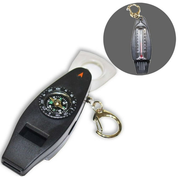 ADROIT (2 Pack) 4-in-1 Multi-Functional Outdoor Survival Tool | Includes Whistle, Compass, Magnifier, Thermometer & Key Ring | Essential Adventure Gear