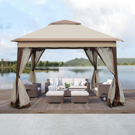 ADSAFE 11x11Ft Pop Up Gazebo Outdoor Canopy With Removable Zipper Netting,2-Tier Soft Top Event Tent,Coffee