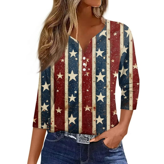 ADSSDQ 3/4 Length Sleeve Womens Tops 4th of July Button Down Shirts for Women Summer Top 2025 Patriotic American Flag Stars Stripes Graphic Tees Blue 2XL