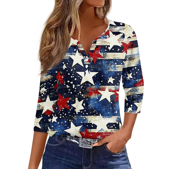 ADSSDQ 3/4 Length Sleeve Womens Tops 4th of July Button Down Shirts for Women Summer Top 2025 Patriotic American Flag Stars Stripes Graphic Tees Gray 2XL