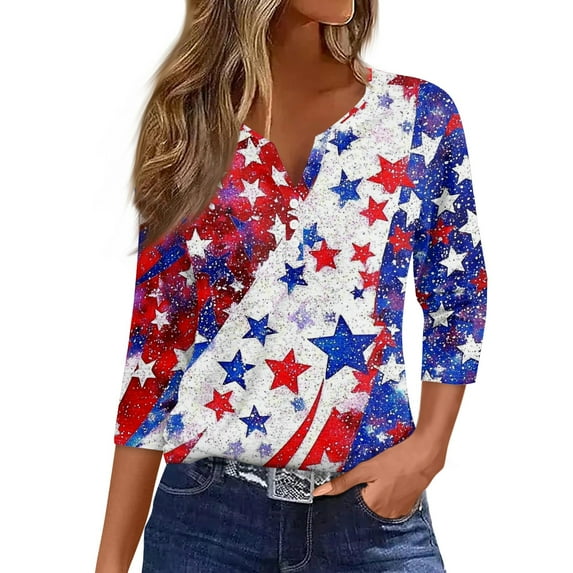 ADSSDQ 3/4 Length Sleeve Womens Tops 4th of July Button Down Shirts for Women Summer Top 2025 Patriotic American Flag Stars Stripes Graphic Tees Multicolor L