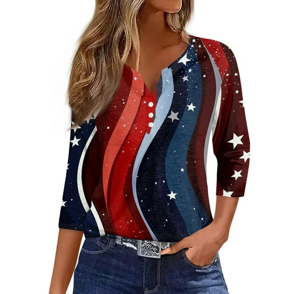 ADSSDQ 3/4 Length Sleeve Womens Tops 4th of July Button Down Shirts for Women Summer Top 2025 Patriotic American Flag Stars Stripes Graphic Tees Royal Blue M