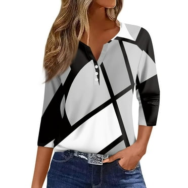 ADSSDQ 3/4 Length Sleeve Womens Tops Button Down Summer Henley Neck T Shirts Plus Size Blouses Dressy Fashion Print Clothes Light Gray S
