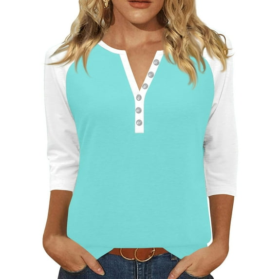Cable & Gauge Women's V-Neck Henley Tee - Shirring Detail Hi-Low Hem Casual Top