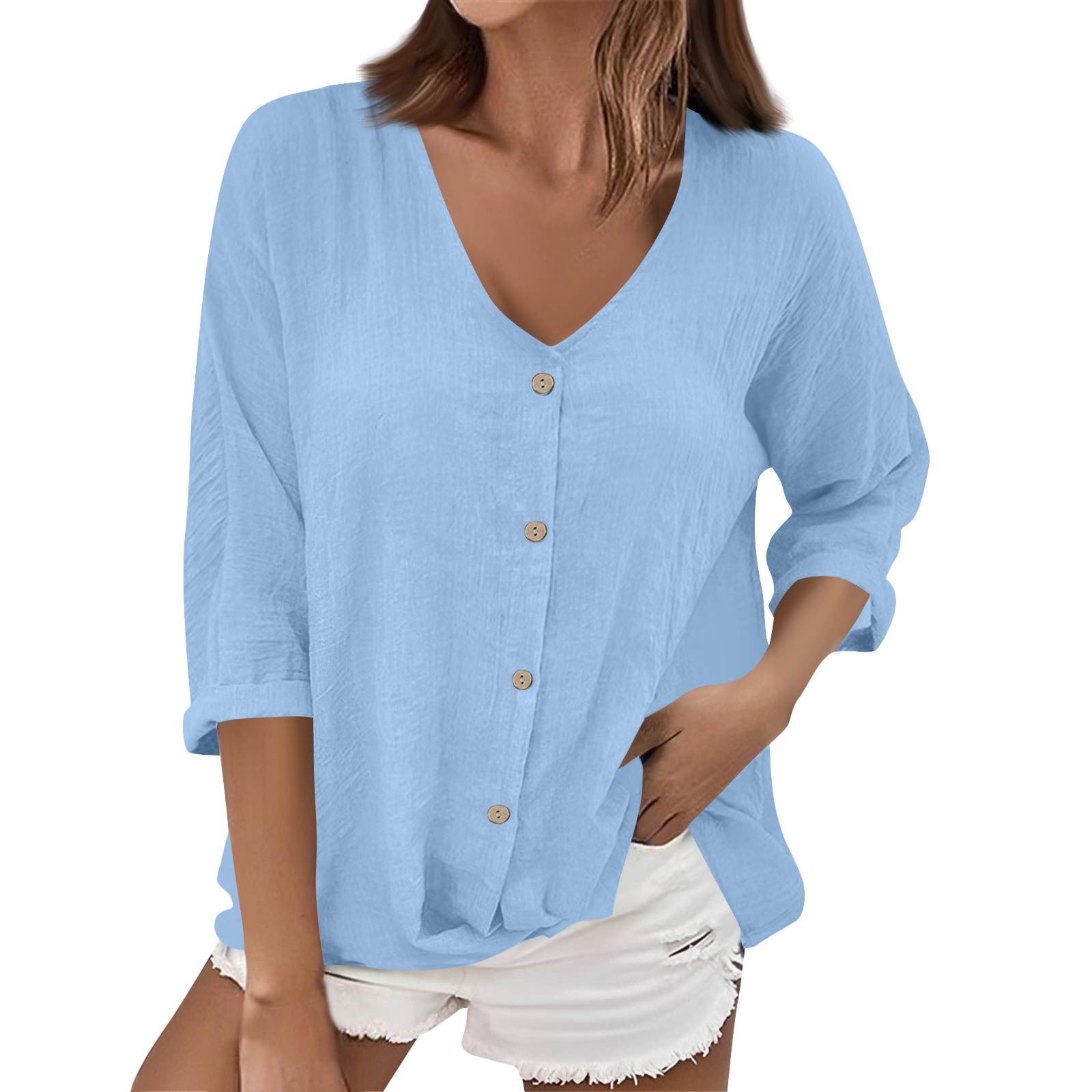 Beautiful blue striped linen clothes For Women v neck baggy summer top