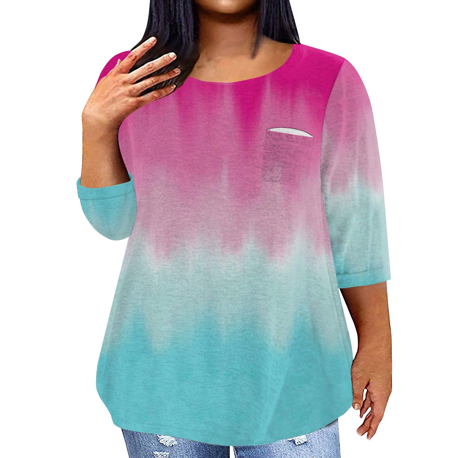 Fanxing T-Shirt à Manches 3/4 Pour Femmes Chandail-Over Uni Col Rond Décontracté T-Shirt Manches Trois-Quarts Blouse Basique Douce Bleu Clair,m