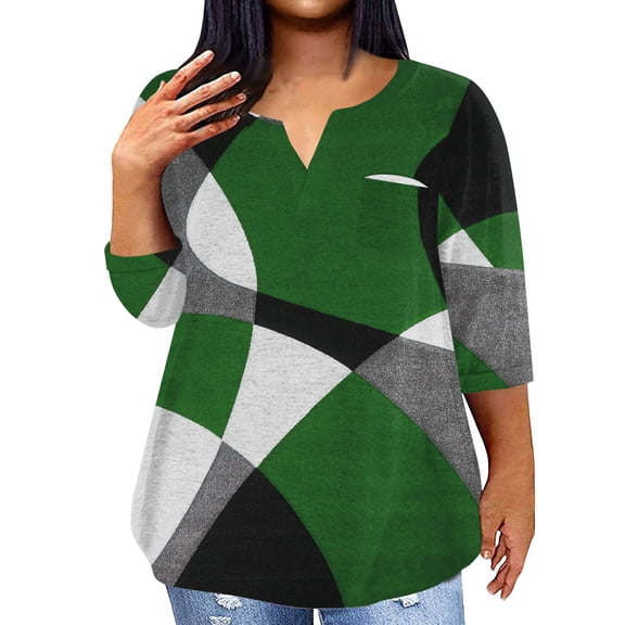 ADSSDQ 3/4 Sleeve Plus Size Shirts Cute Tops Western Elbow Length Tshirts Shirts V-Neck Fall Tunic Tops For Women 2024 With Pocket Vintage Sweatshirts Army Green 2XL