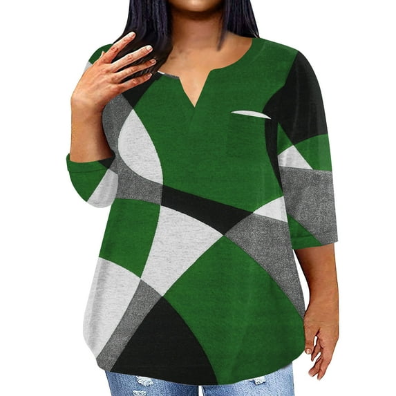 ADSSDQ 3/4 Sleeve Plus Size Summer Shirts Fashion Tops For Women Trendy Western Print Tshirts Cotton Loose Fit V Neck Elbow Length Fall Womens Dressy Blouses Clothes With Pocket Army Green 3XL