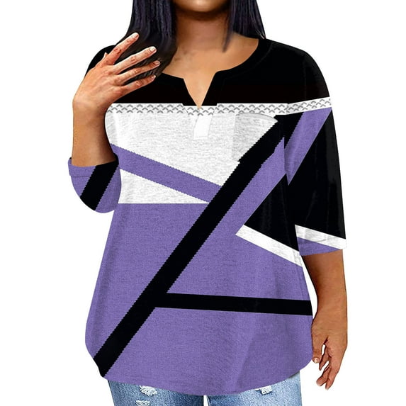 ADSSDQ 3/4 Sleeve Plus Size Tunics For Women Spring Tops 2024 Western Tshirt Dresses V Neck Country Shirts Elbow Length Retro Maternity Summer Clothes With Pocket Purple 2XL