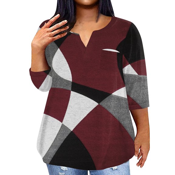 ADSSDQ 3/4 Sleeve Plus Size Womens Summer Tops Western V-Neck Hawaiian Shirts Elbow Length Oversized Tee Shirts Fall Tunic Tops For Women With Pocket Boho Hippie Clothes Wine 2XL