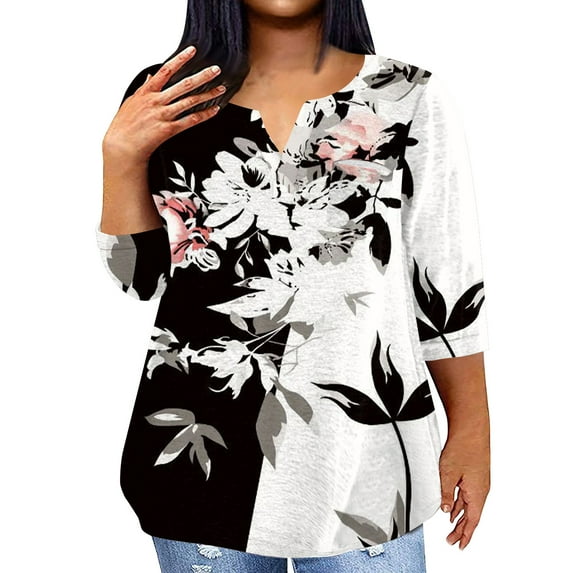 ADSSDQ 3/4 Sleeve Shirts For Women Plus Size Summer Athletic Tops With Pocket Floral Graphic Elbow Length Cotton T Shirts V-Neck Fall Womens Tunic Tops Dressy Casual Sweatshirt Pink 4XL