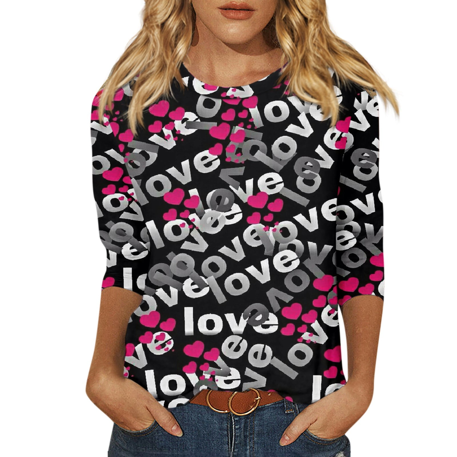 ALLTB Women's Valentine Plaid Love Hearts T-Shirt - 3/4 Raglan Sleeve, Graphic Print, Grey XXL - View #13