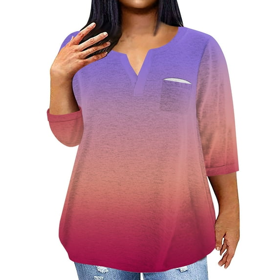 ADSSDQ 3/4 Sleeve Womens Plus Size Shirts Business Casual Tops Tie Dye V-Neck Elbow Length Tshirts Shirts For Women Fall Dressy Blouses With Pocket Retro Summer Maternity Clothes Purple 4XL