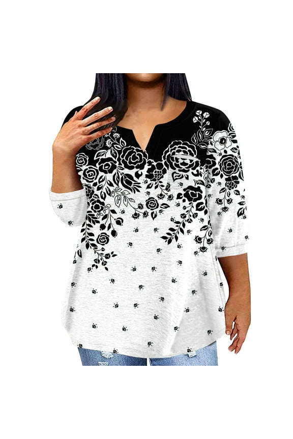 3/4 Sleeve Womens Plus Size Tunic Tops With Pocket Casual Summer Floral Print Shirts Trendy V Neck Elbow Length Basic Tees Y2K Cute Fall Sweatshirts Black 3XL