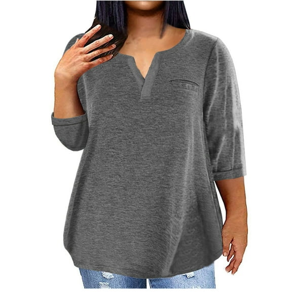 ADSSDQ 3/4 Sleeves Plus Size Tunic Tops For Women Summer Solid Color Plain Tie Dye Shirt V Neck Elbow Length T-Shirts Casual Loose With Pocket Sweatshirt Dark Gray 3XL